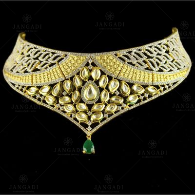 Silver Gold Plated Antique Leaf Design Necklace Kundan And Green Onyx Studded Zircon Stones
