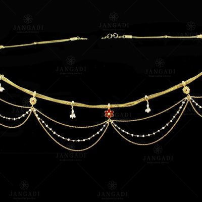 Silver Gold Plated  Fancy Design Oddiyanam Studded Kundan And Pearls Stones
