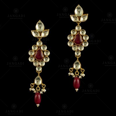 Silver Plated Fancy Design Earrings With Red Beads