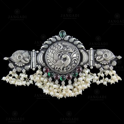 OXIDIZED SILVER PEACOCK ARM BAND WITH ONYX AND PEARLS