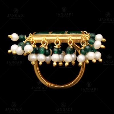 GOLD PLATED KUNDAN CHAND WITH PEARLS AND GREEN HYDRO RINGS