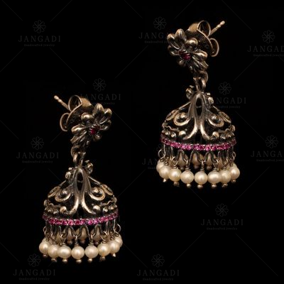 OXIDIZED SILVER JHUMKAS WITH RED CORUNDUM AND PEARL BEADS