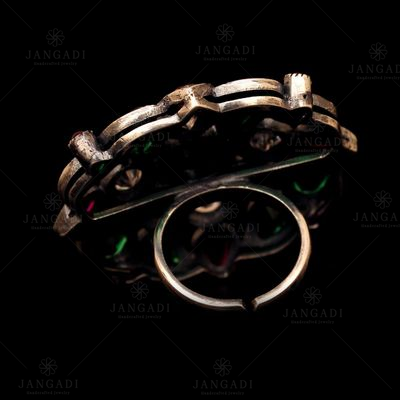 OXIDIZED SILVER LAKSHMI CZ AND RED CORUNDUM AND GREEN HYDRO RING