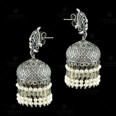 OXIDIZED SILVER JHUMKA WITH PERALS BEADS