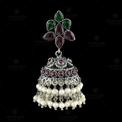 OXIDIZED SILVER JHUMKA WITH PERALS RED AND GREEN ONYX STONES