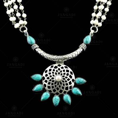 OXIDIZED SILVER TURQUOISE AND PEARL BEADS NECKLACE