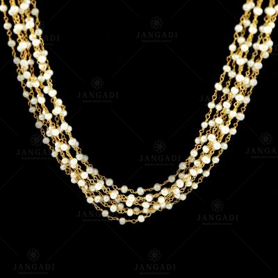 GOLD PLATED RED AND GREEN CORUNDUM NECKLACE WITH PEARL BEADS