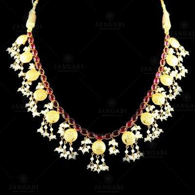GOLD PLATED RED CORUNDUM AND PEARL BEADS LAKSHMI NECKLACE