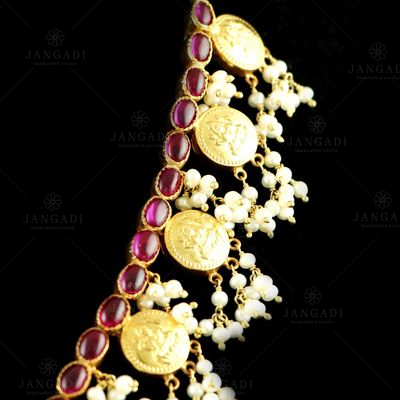 GOLD PLATED RED CORUNDUM AND PEARL BEADS LAKSHMI NECKLACE