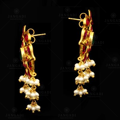 GOLD PLATED RED CZ AND PEARL BEADS EARRINGS