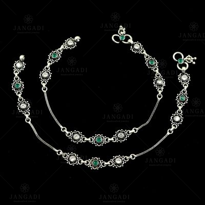 OXIDIZED SILVER GREEN CORUNDUM AND CZ ANKLETS
