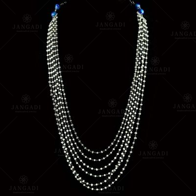 OXIDIZED SILVER BLUE POTTERY AND PEARL BEADS NECKLACE