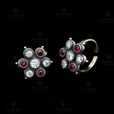 OXIDIZED SILVER CZ AND RED CORUNDUM TOE RINGS