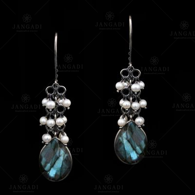 STERLING SILVER LABRODRITE  STONE PEAR AND PEARL BEADS EARRINGS