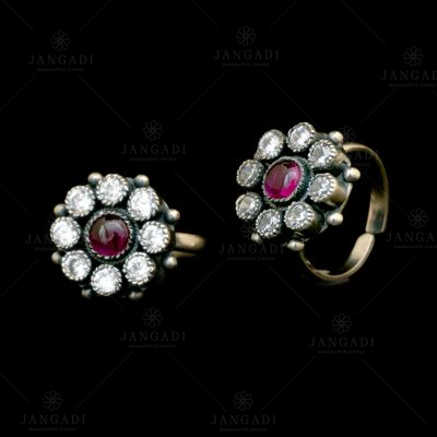 OXIDIZED SILVER CZ AND RED CORUNDUM  TOE RINGS