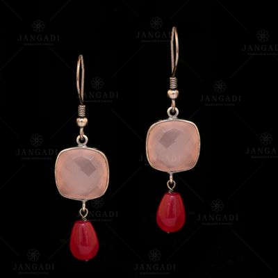 STERLING SILVER PINK CHALCY AND RED PEAR BEAD EARRINGS