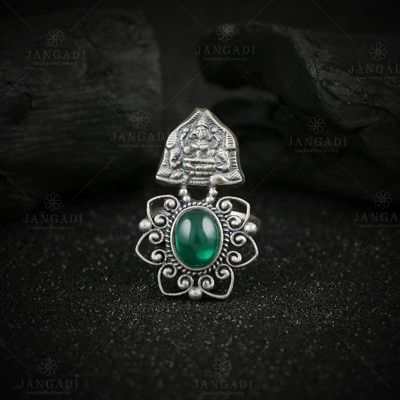 OXIDIZED SILVER LAKSHMI RING WITH GREEN HYDRO STONES