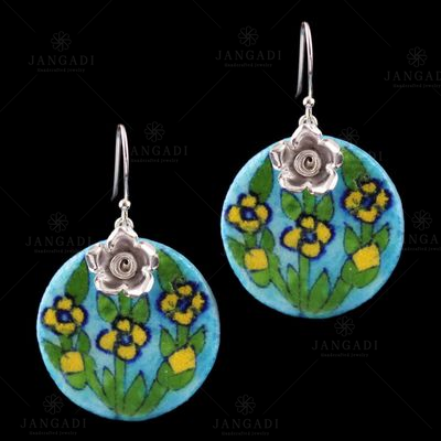 Silver Blue Pottery Hanging Earrings
