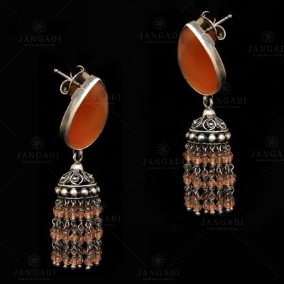 OXIDIZED SILVER MONALISA  STONES AND BEADS JHUMKAS EARRING