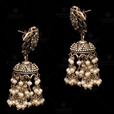 OXIDIZED SILVER JHUMKAS WITH PEARL BEADS