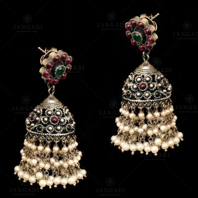 OXIDIZED SILVER JHUMKAS WITH RED CORUNDUM AND GREEN HYDRO WITH PEARL BEADS