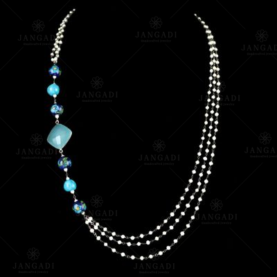 PEARL AATHI BUNCH NECKLACE WITH BLUE CHALCEDONY STONE AND BLUE POTTERY BEADS