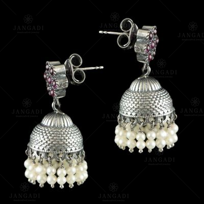 OXIDIZED SILVER JHUMKA WITH PERALS AND RED ONYX STONES