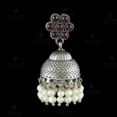 OXIDIZED SILVER JHUMKA WITH PERALS AND RED ONYX STONES