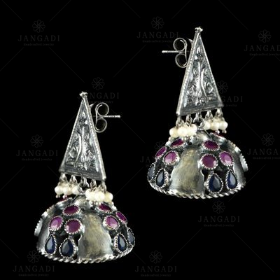 OXIDIZED SILVER JHUMKA WITH PERALS RED AND BLUE ONYX STONES