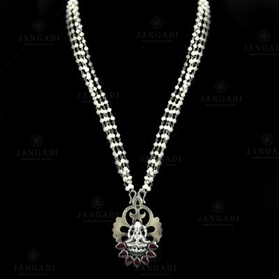 OXIDIZED SILVER RED CORUNDUM AND PEARL BEADS LAKSHMI NECKLACE