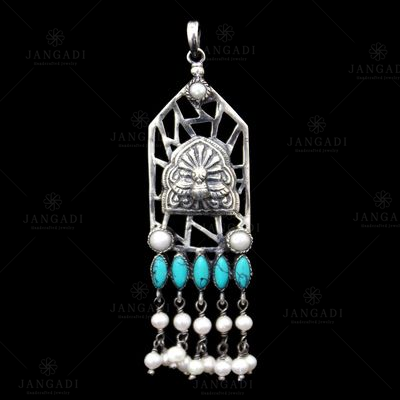 OXIDIZED SILVER TURQUOISE AND PEARL BEADS PENDANT