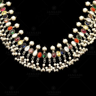 OXIDIZED SILVER NAVARATNA AND PEARL BEADS NECKLACE