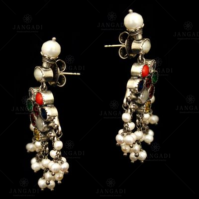 OXIDIZED SILVER NAVARATNA AND PEARL BEADS EARRINGS