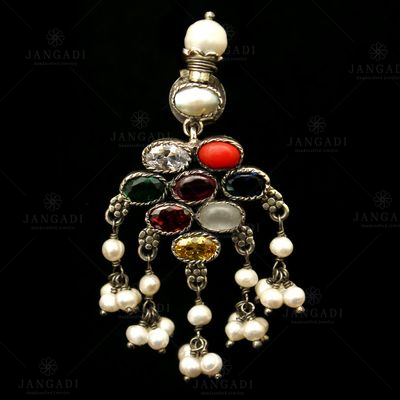 OXIDIZED SILVER NAVARATNA AND PEARL BEADS EARRINGS