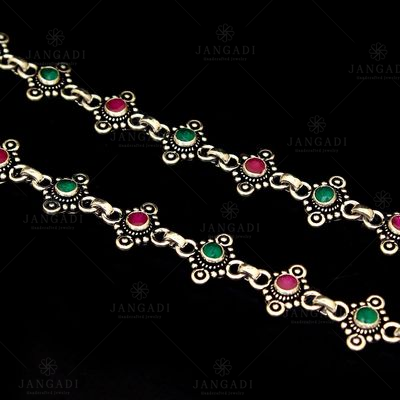 OXIDIZED SILVER RED AND GREEN CORUNDUM ANKLETS