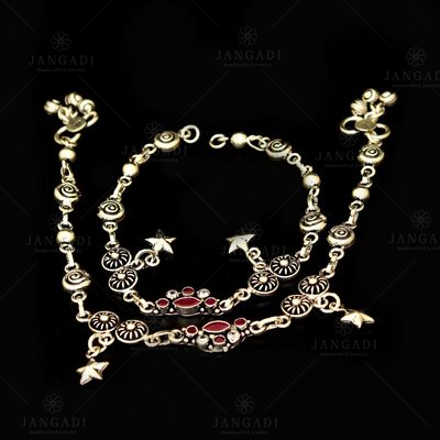 OXIDIZED SILVER RED CORUNDUM AND CZ ANKLETS