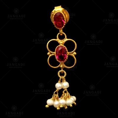 GOLD PLATED RED CORUNDUM AND PEARL BEADS EARRINGS