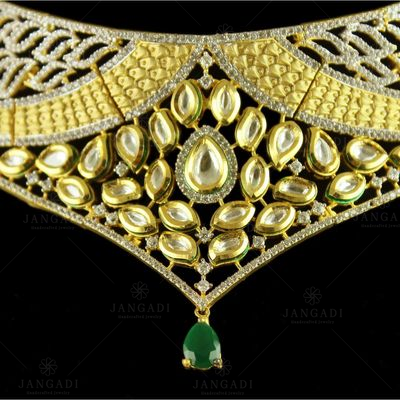 Silver Gold Plated Antique Leaf Design Necklace Kundan And Green Onyx Studded Zircon Stones