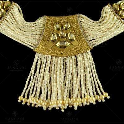 Silver Gold Plated Kundan Antique Pearl Necklace Studded Zircon Stones