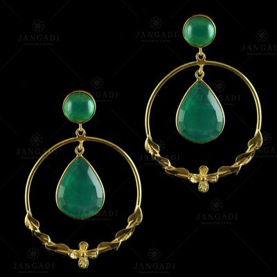 Silver Gold Plated Fancy Bali Earrings Studded Green Onyx Silver Gold Plated Fancy Bali Earrings Studded Green Onyx Silver Gold 