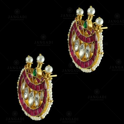 Silver Gold Plated  Fancy Design Casual Earrings Studded Kundan And Pearls Stones