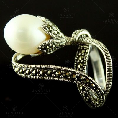 Silver Oxidized Fancy Finger Ring Studded Pearl
