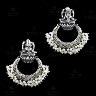 Oxidized Silver Lakshmi Chadbali With Pearl Design Earring