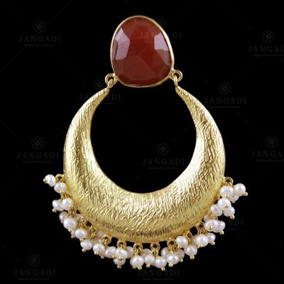 Gold Plated Pearl And Onyx Stone Chandbali Party Wear Earrings