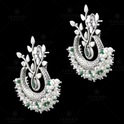Oxidized Silver Pearl And Green Hydro Quartz With Beads Chandbali Earrings