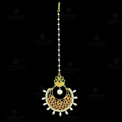 GOLD PLATED MANGTIKKA WITH GREEN HYDRO RED CORUNDUM AND PEARLS