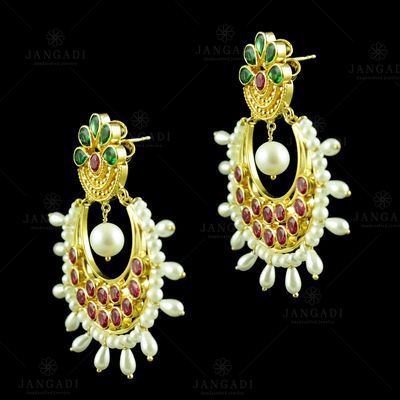 GOLD PLATED CHANDBALI WITH GREEN HYDRO RED CORUNDUM AND PEARLS