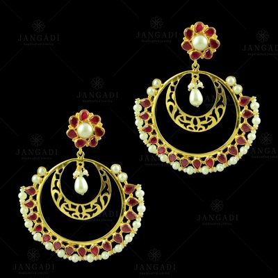 GOLD PLATED RUBY STONES EARRINGS WITH PEARLS
