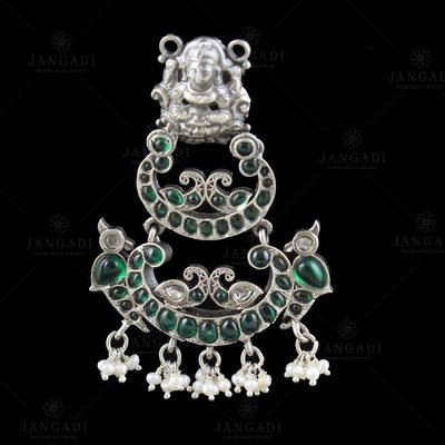 OXIDIZED SILVER LAKSHMI EARRINGS WITH ONYX AND PEARLS