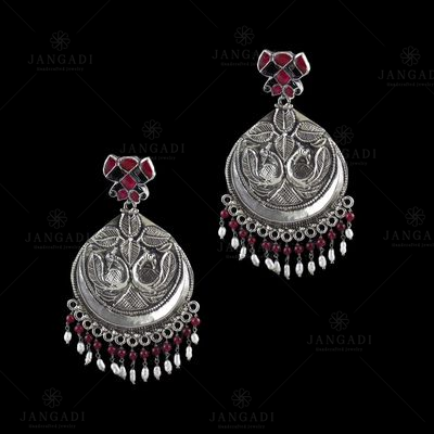 OXIDIZED SILVER KUNDAN AND CHANDBALI EARRINGS WITH RUBY AND PEARLS